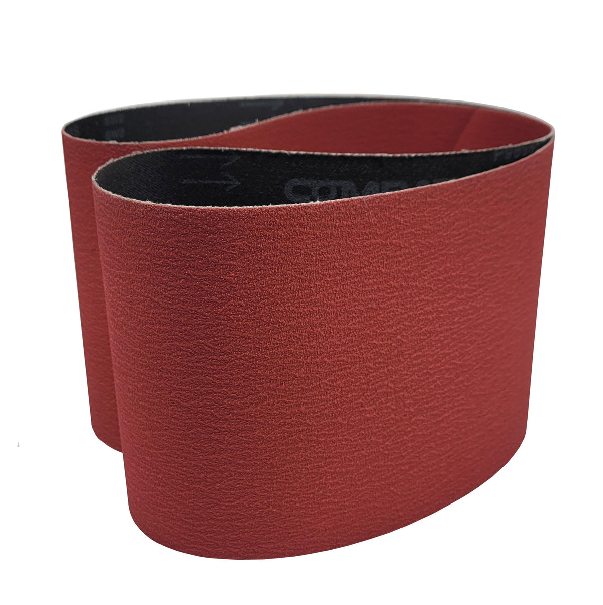 Two custom red sanding belts in different widths on a white background
