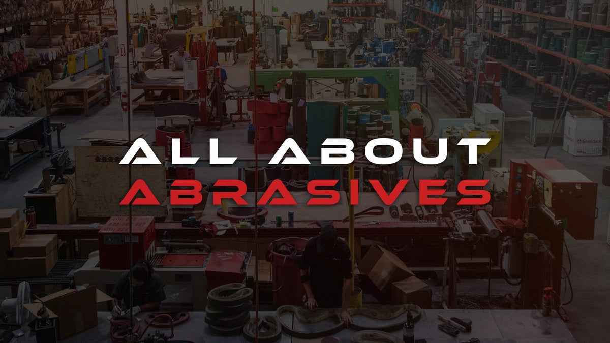 “All About Abrasives” text over an industrial abrasives workshop