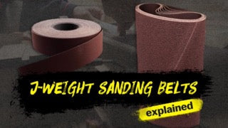 “J-Weight Sanding Belts Explained” text over three abrasive belt rolls