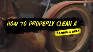 “How to Properly Clean a Sanding Belt” text over a belt being cleaned
