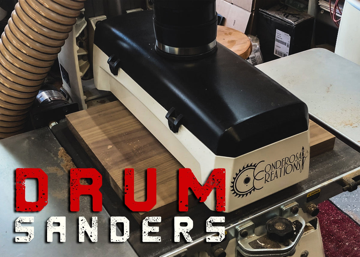 “Drum Sanders” text over a benchtop drum sander in a woodworking shop