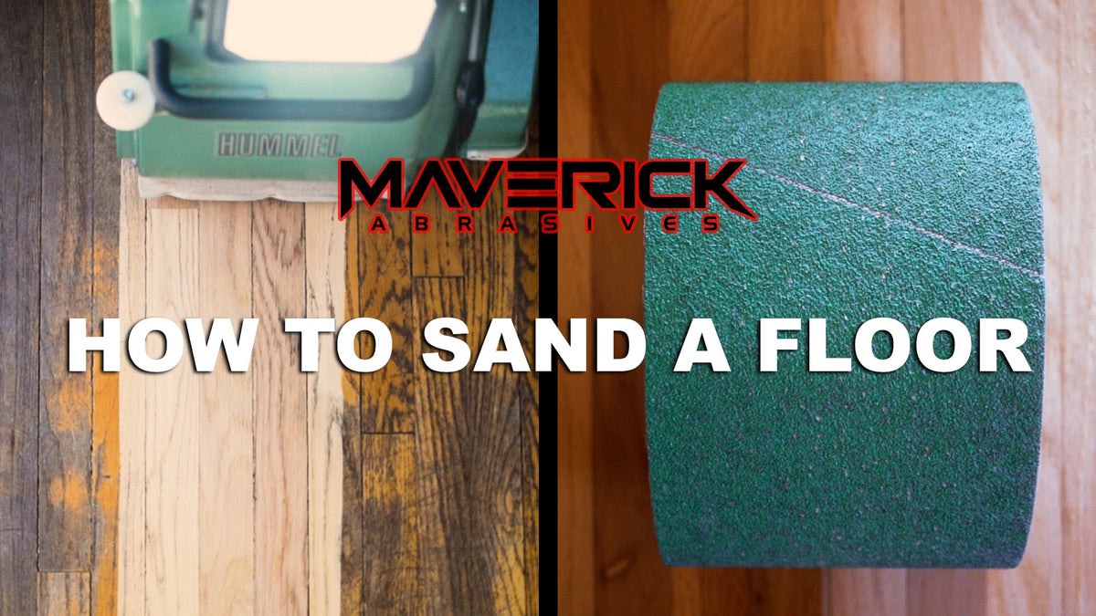 “How to Sand a Floor” text beside wood flooring and a green sanding belt