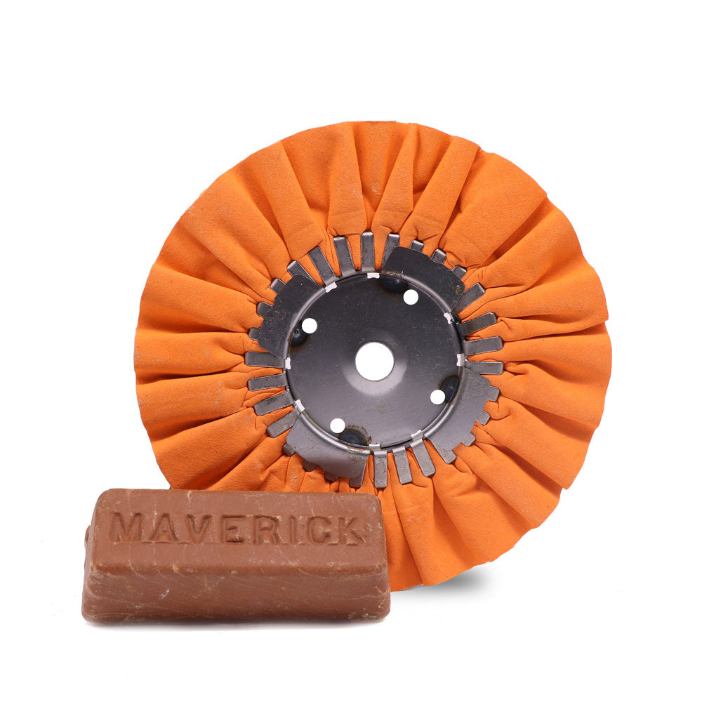 Orange airway buffing wheel beside a brown Maverick polishing compound bar