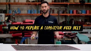 “How to Replace a Conveyor Feed Belt” text over a presenter at a workbench