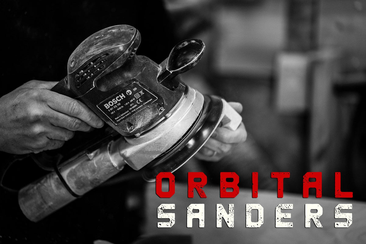 “Orbital Sanders” text over a black-and-white photo of a handheld orbital sander