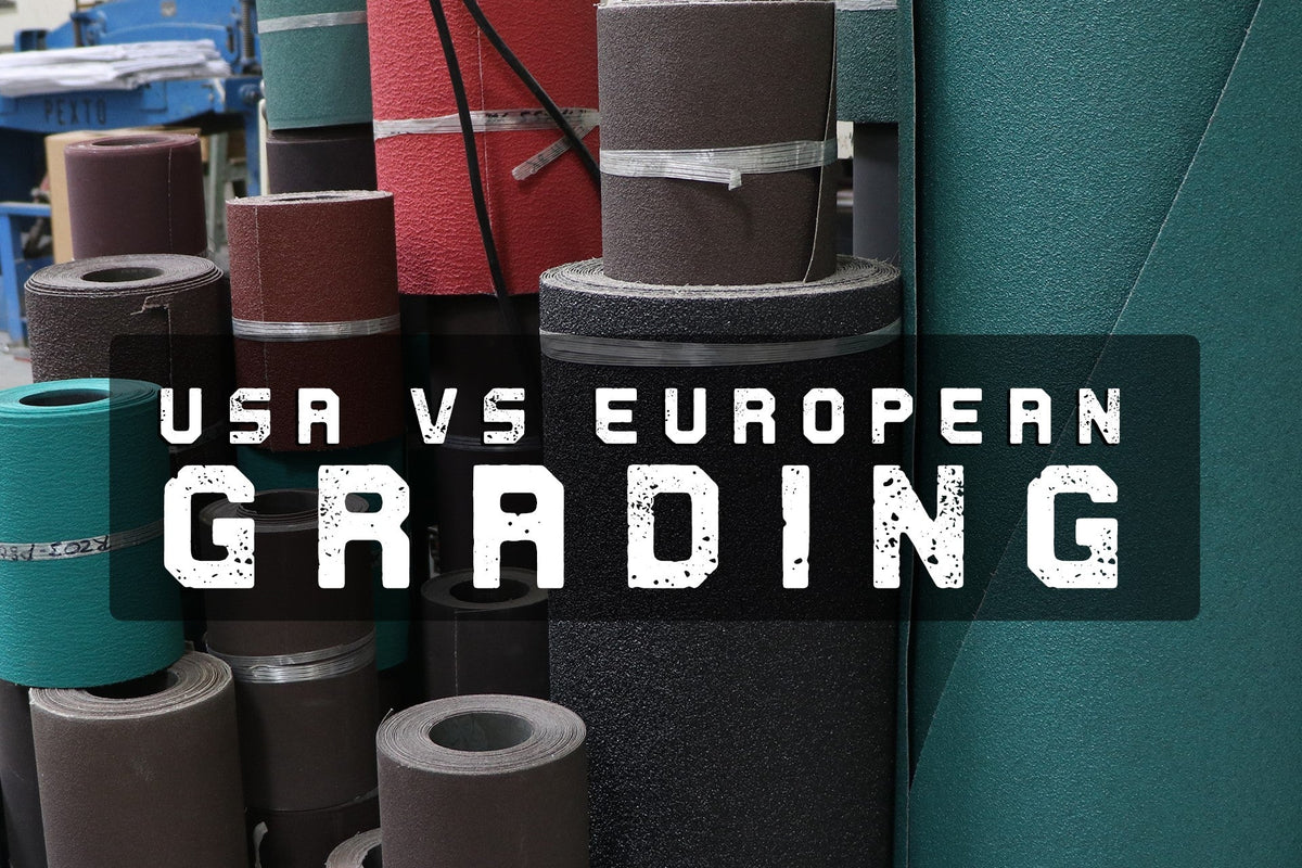 “USA vs European Grading” text over assorted sanding belts and abrasive rolls