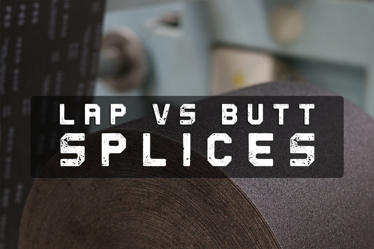 “Lap vs Butt Splices” text over a close-up of a sanding belt splice