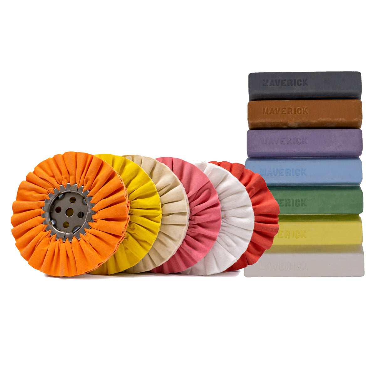Color-coded airway buffing wheels beside Maverick polishing compound bars