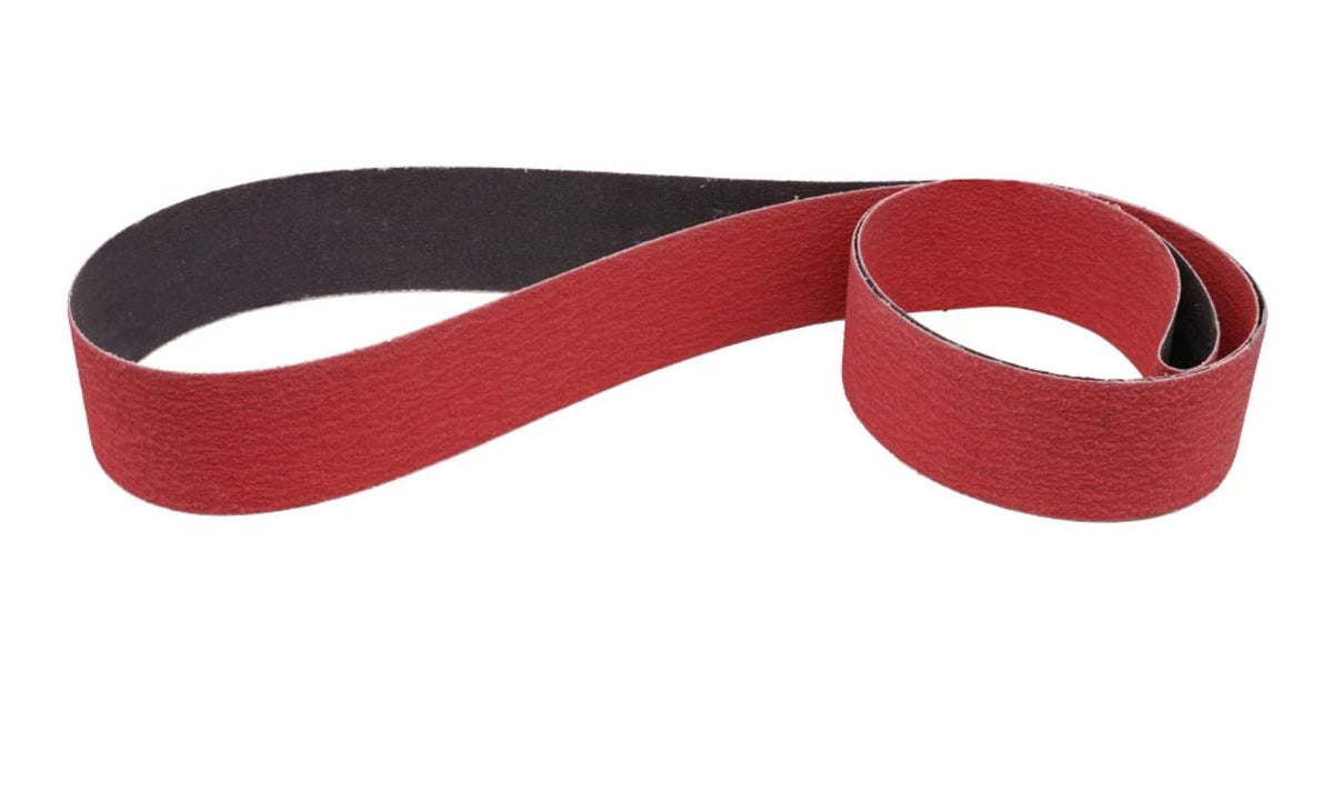 Red ceramic sanding belt with black backing on a white background