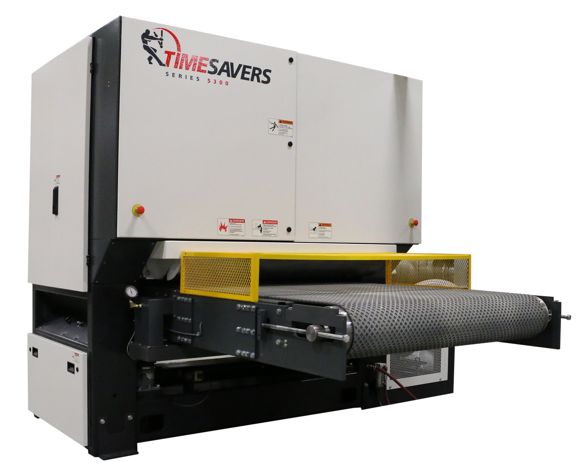 Timesavers wide belt sander with conveyor feed on a white background