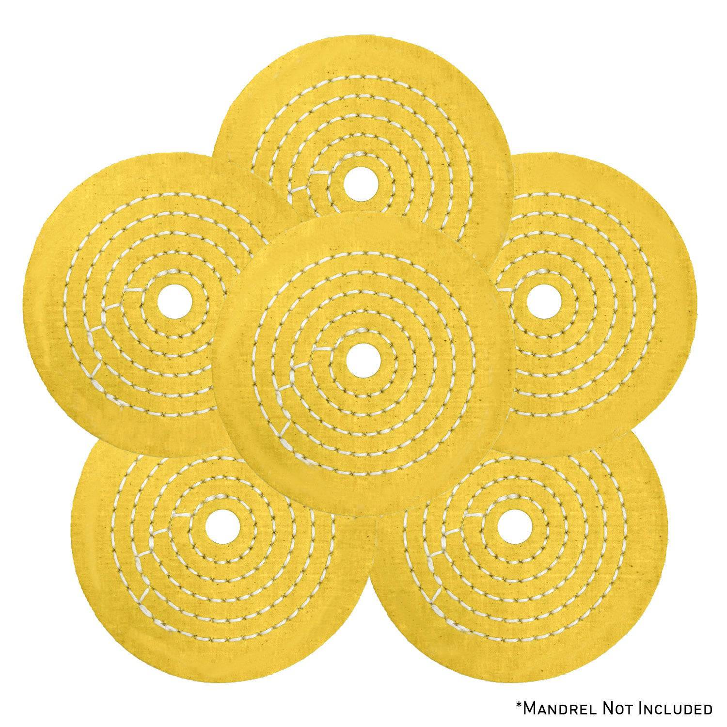 Assorted mini buffing wheels in yellow mill treat and untreated varieties, showing different sizes and ply counts.