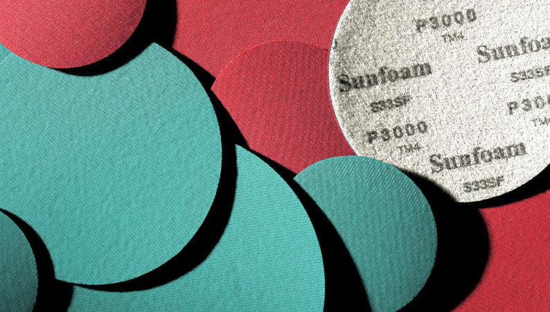 Sunfoam sanding pad, designed for curved surfaces with fabric and foam structure and special abrasive coating.