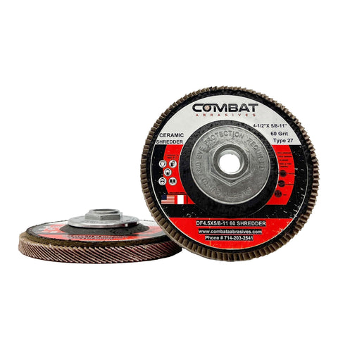 Alt text: Ceramic Shredder Flap Disc 4-1/2 x 5/8-11 Type 29 with hub, high density for rapid and cool cuts in metal and wood.