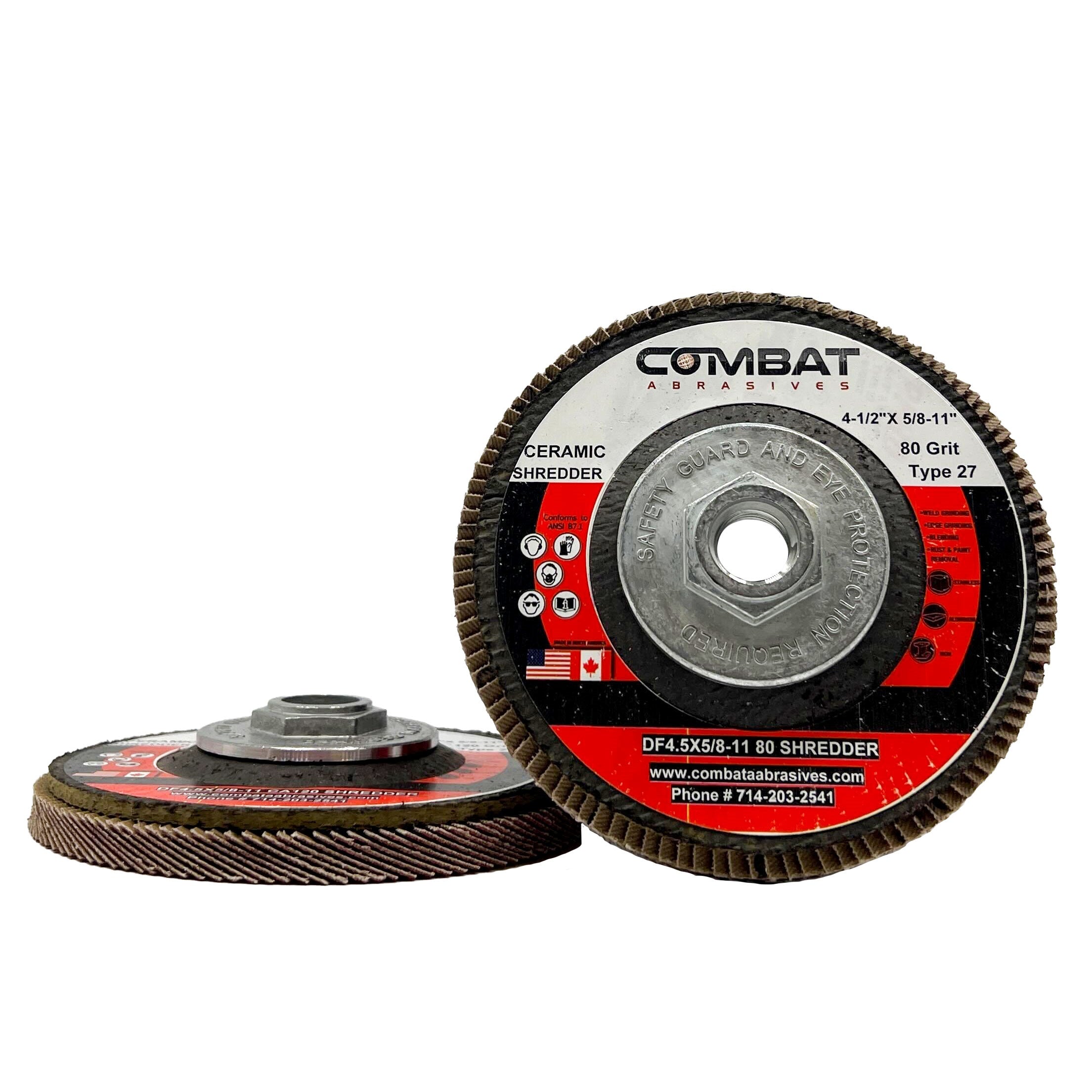 Alt text: Ceramic Shredder Flap Disc 4-1/2 x 5/8-11 Type 29 with hub, angled for enhanced contouring and long-lasting performance.