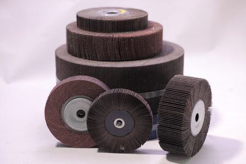 Pack of 5 unmounted flap wheels, 6 inches by 1 inch, made from aluminum oxide.