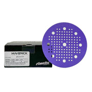 Alt text: Box of 50 Savage Ceramic 5-inch Multi-Hole Hook & Loop Sanding Discs with durable ceramic grain and universal hole pattern.