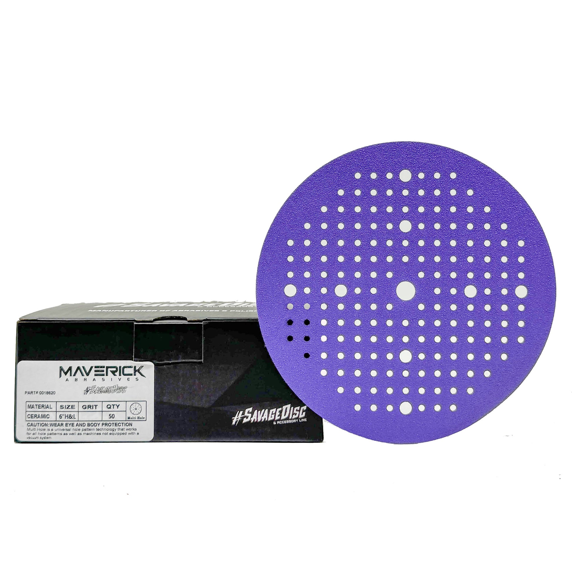 Box of 50 Savage Ceramic 6-inch Multi Hole Hook & Loop Sanding Discs with durable nylar backing and advanced grain technology.