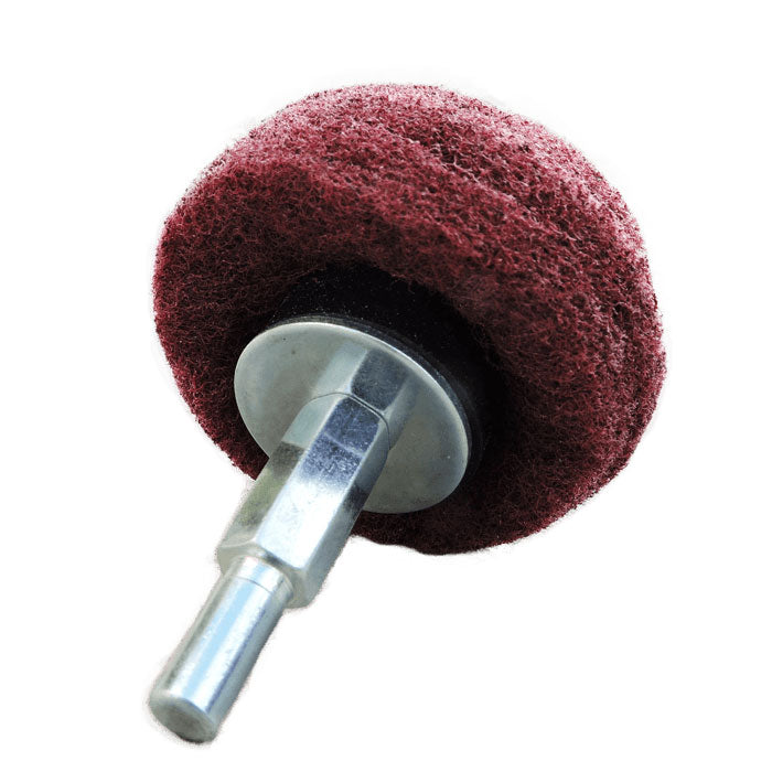 Mushroom scuff pad with shank for efficient rust and paint removal, ideal for cleaning grilles.