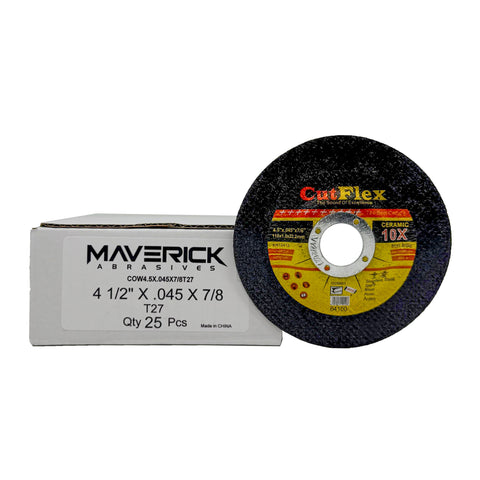 Pack of 25 premium 4.5-inch Type 27 depressed center cut off wheels for metal fabrication, MAX RPM 13,300.