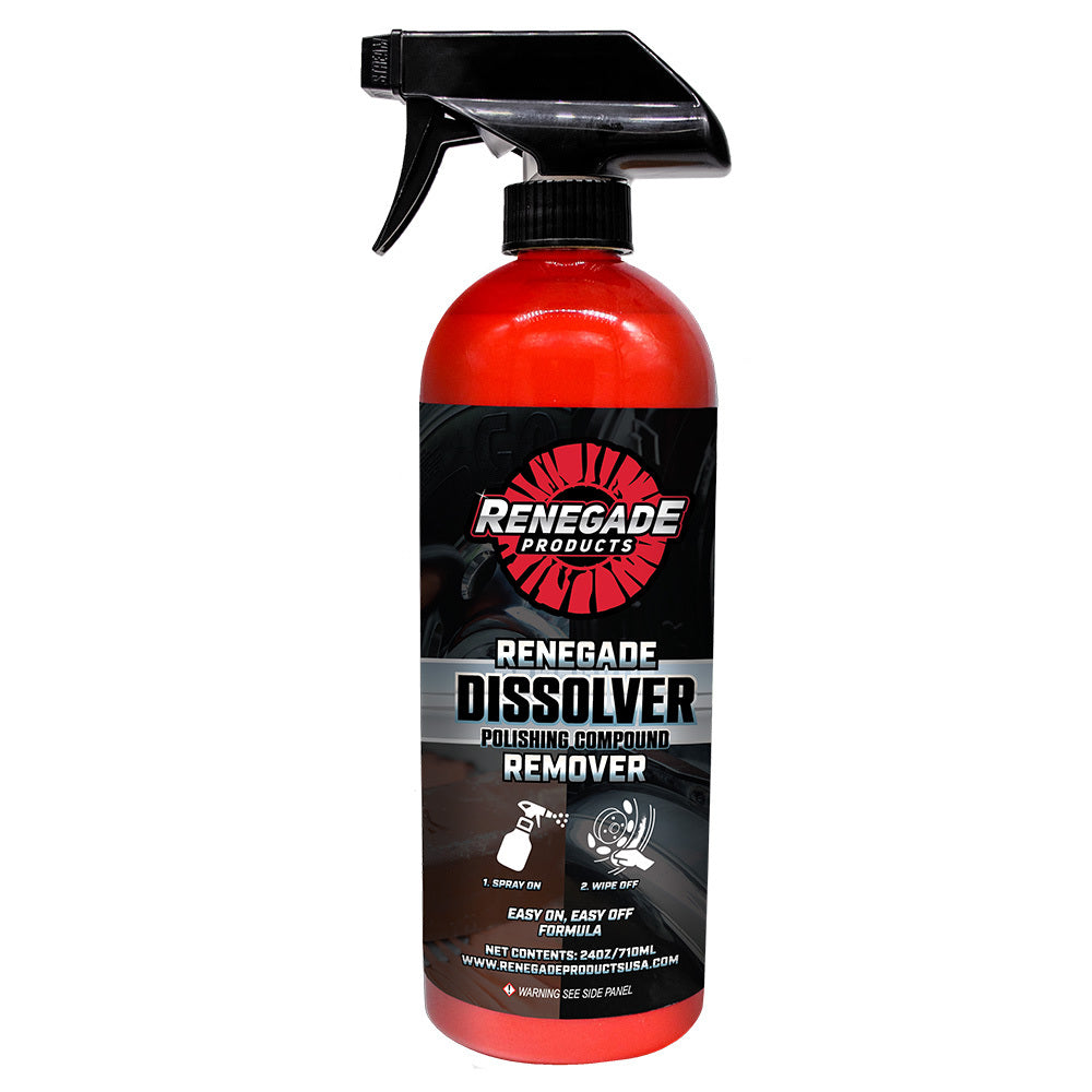 Renegade Dissolver Polishing Compound Remover spray bottle on a workbench, ready for use on vehicle surfaces.