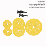Alt text: Assorted mini buffing wheels in yellow mill treat and untreated varieties, showing different diameters and ply counts.