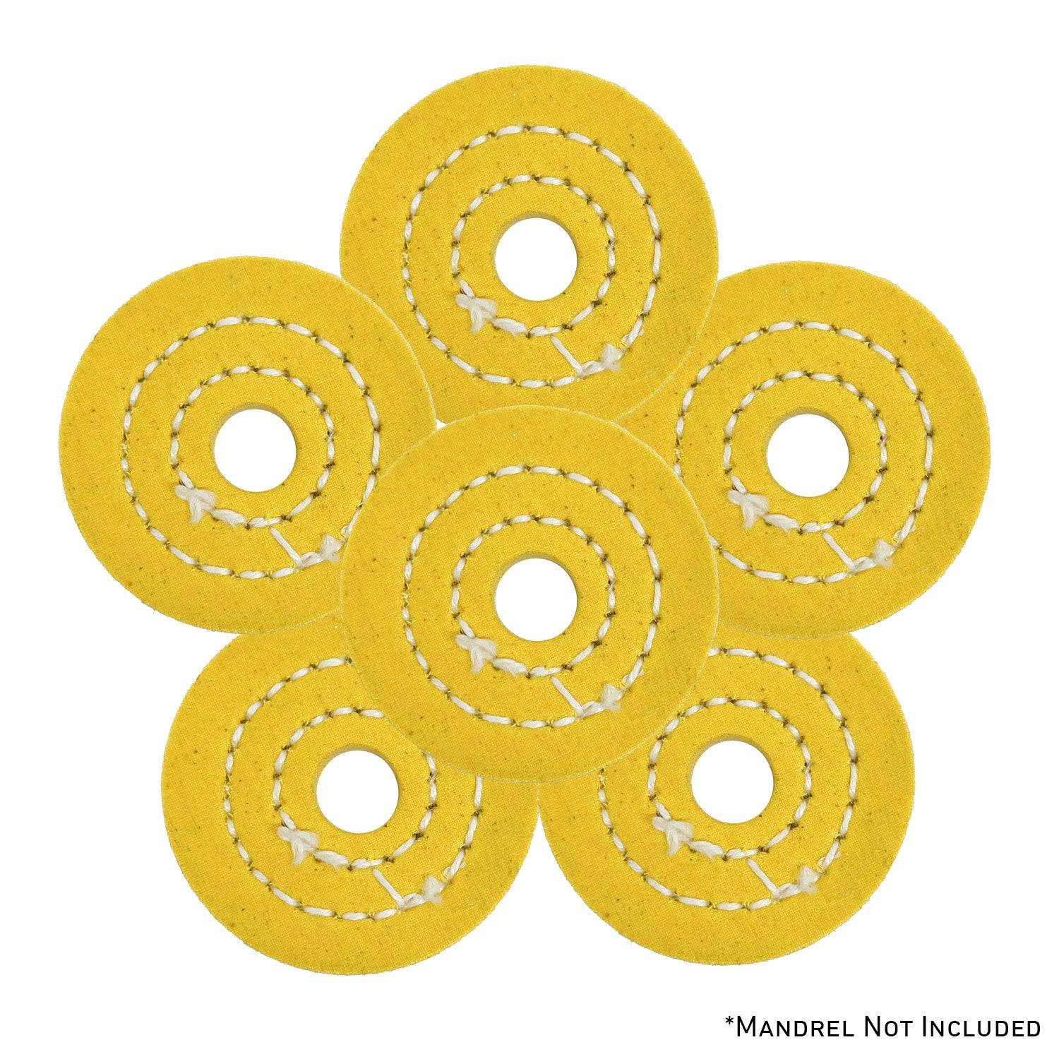 Assorted mini buffing wheels in yellow mill treat and untreated varieties, showing different sizes and ply counts.