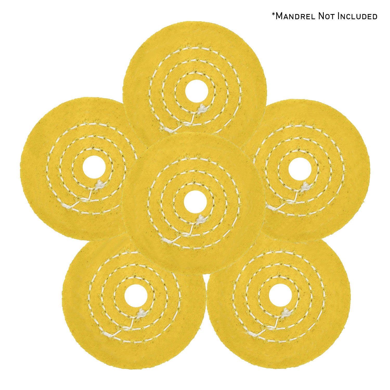 Alt text: Assorted mini buffing wheels in yellow mill treat and untreated varieties, showing different sizes and ply counts for metal polishing.