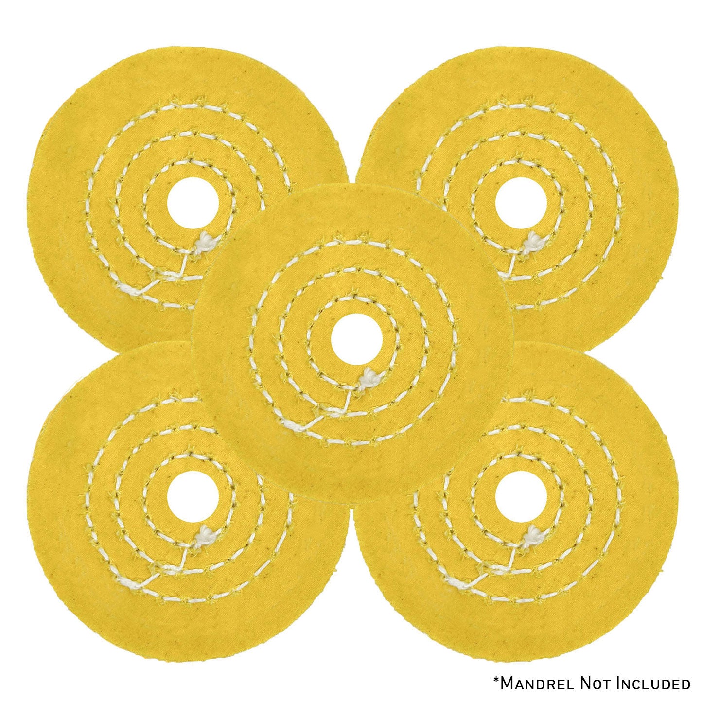 Alt text: Assorted mini buffing wheels in yellow mill treat and untreated varieties, showing different diameters and ply counts.