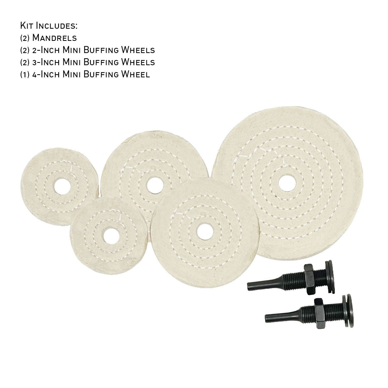Assorted mini buffing wheels in yellow mill treat and untreated varieties, showing different sizes and plies.