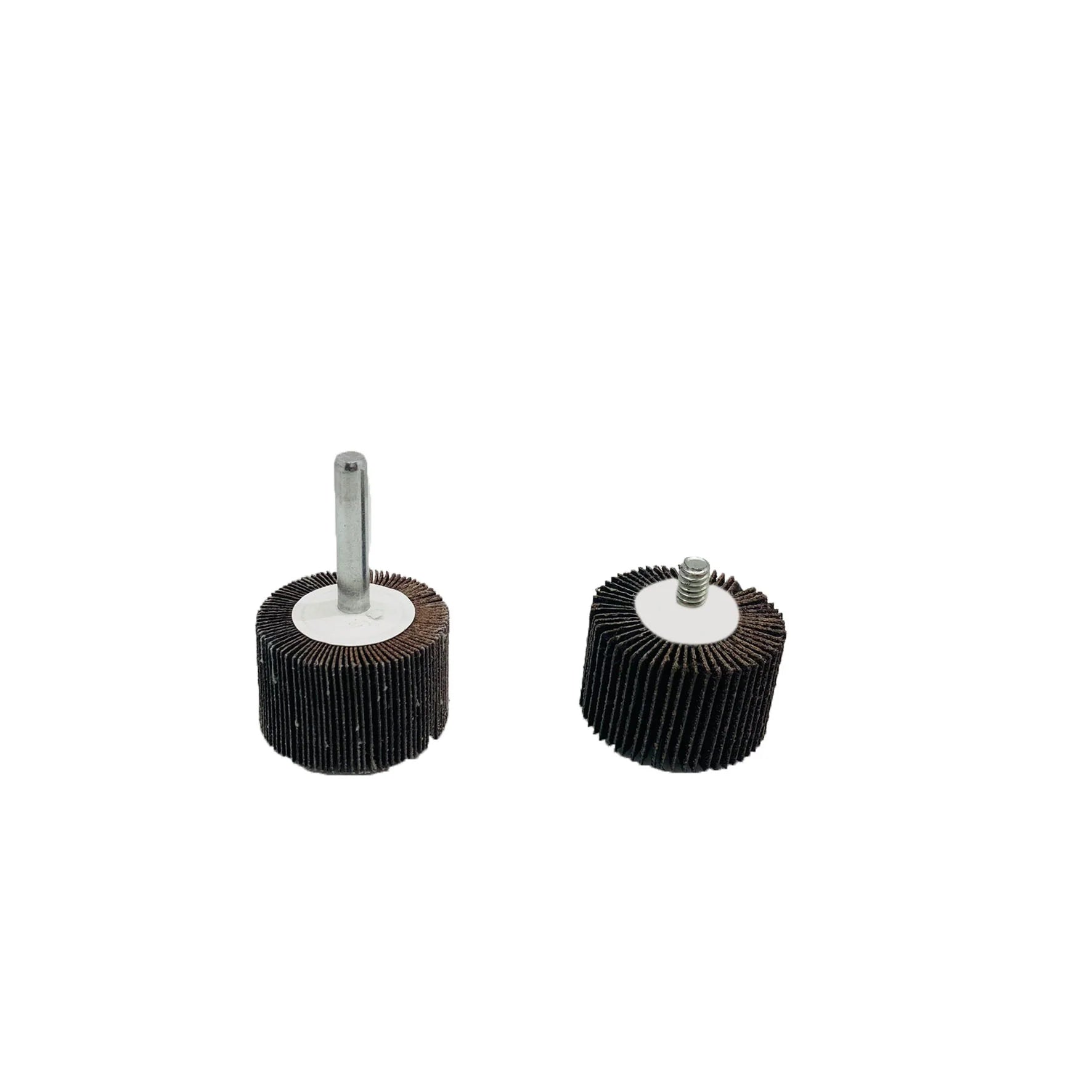 Alt text: Pack of 10 mounted flap wheels, 3-inch by 2-inch, made from aluminum oxide, ideal for grinding and finishing.