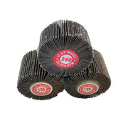Alt text: Pack of 10 mounted flap wheels, 3 x 2, made from aluminum oxide, ideal for grinding and finishing tasks.