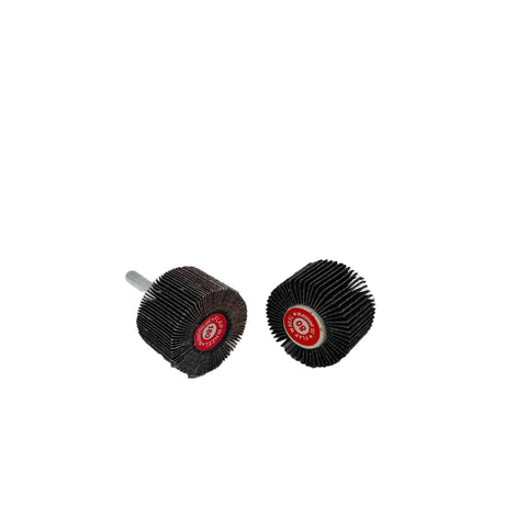 Alt text: Pack of 10 mounted flap wheels, 3 x 2, made of aluminum oxide, ideal for detailed grinding.