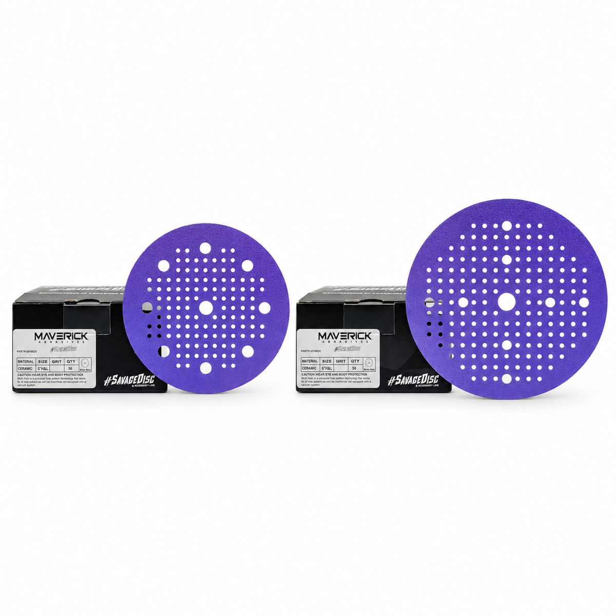 SAVAGE ceramic sanding discs in 5-inch and 6-inch diameters shown together at relative scale