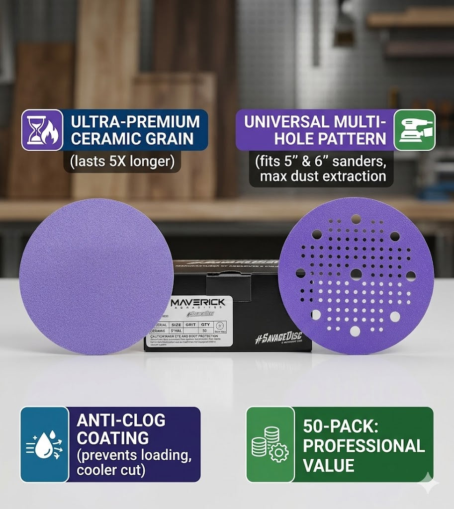 SAVAGE Ceramic Sanding Discs | 5" & 6" Hook and Loop, PSA Discs - Maverick Abrasives
