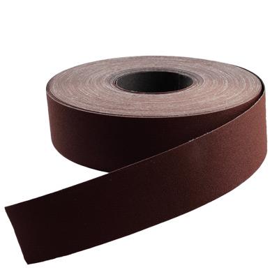 1-inch wide abrasive shop roll with J-weight cotton backing, suitable for sanding wood, metal, and plastic.