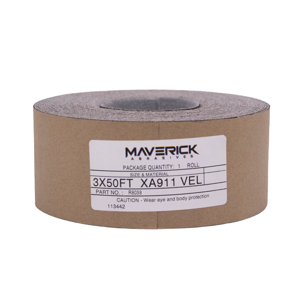 drum sander roll with durable hook and loop backing by Maverick Abrasives, ideal for woodworking and metalworking. 3" wide and 6" wide