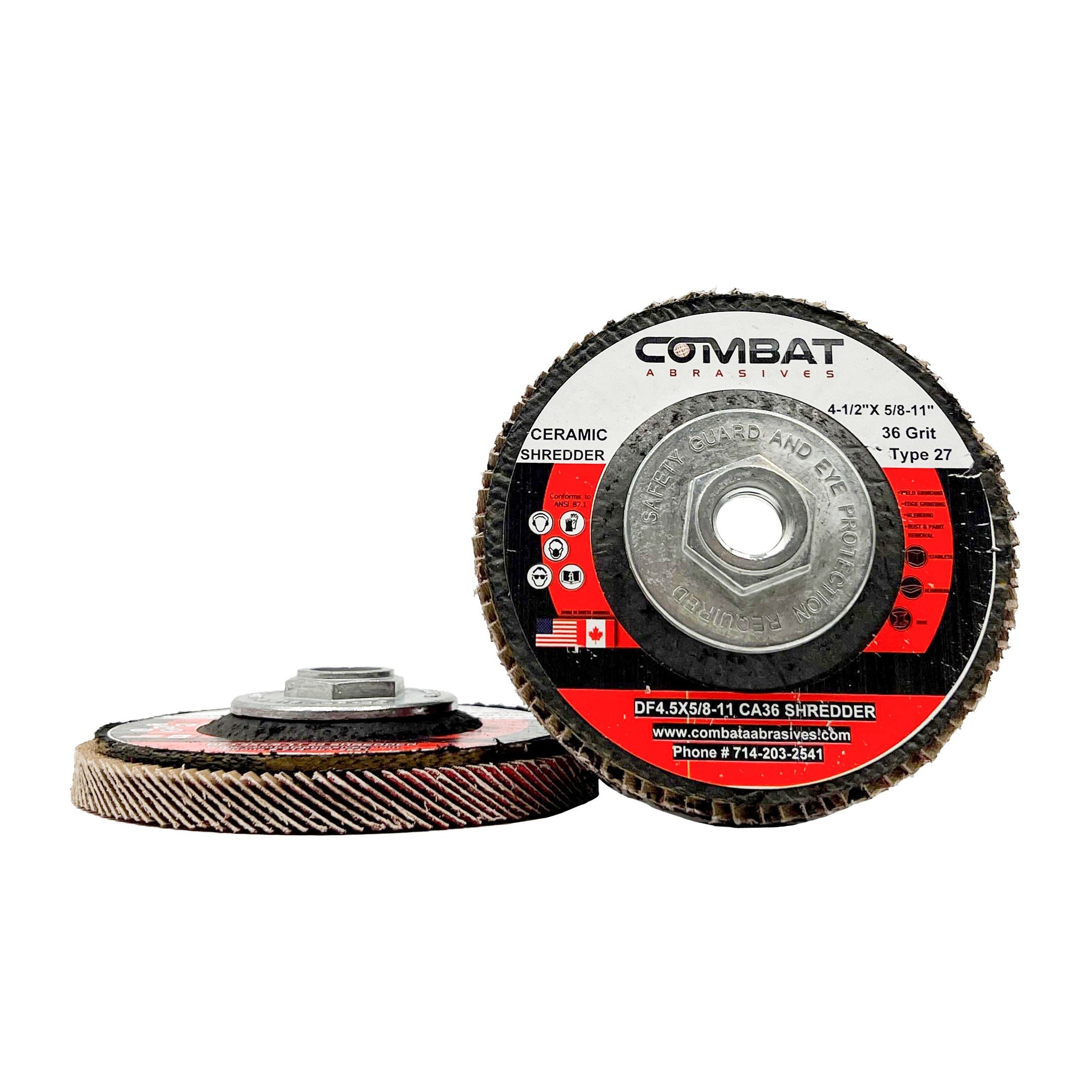 Alt text: Ceramic Shredder Flap Disc 4-1/2 x 5/8-11 with hub, Type 29, ideal for rapid material removal on wood & metal.