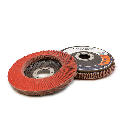 4-1/2 x 7/8 Type 29 High Density Ceramic Flap Disc, angled for efficient material removal and surface shaping.