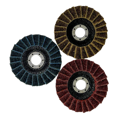Alt text: Type 29 4-1/2 x 7/8 surface conditioning flap disc in coarse, medium, and fine grits for metal and fiberglass.