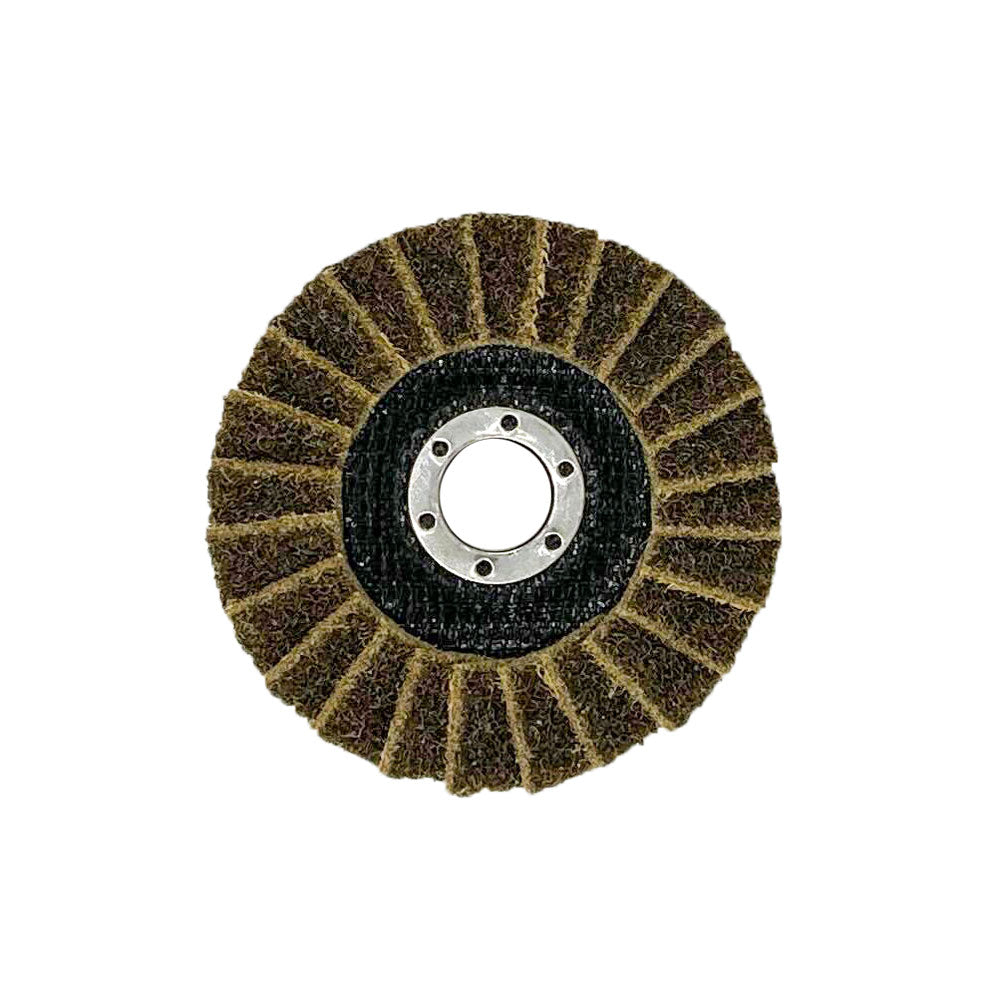 4-1/2 x 7/8 Type 29 surface conditioning flap disc in brown, maroon, and blue for various metal finishing.