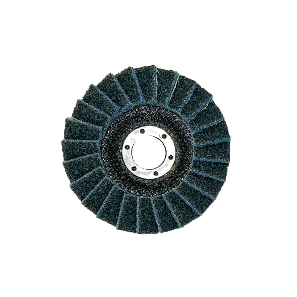 Type 29, 4-1/2 x 7/8 surface conditioning flap disc in coarse brown, medium maroon, and fine blue grits.