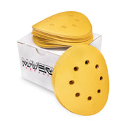 Box of 50 Maverick Abrasives 6-inch Hook & Loop Sanding Discs on white background.