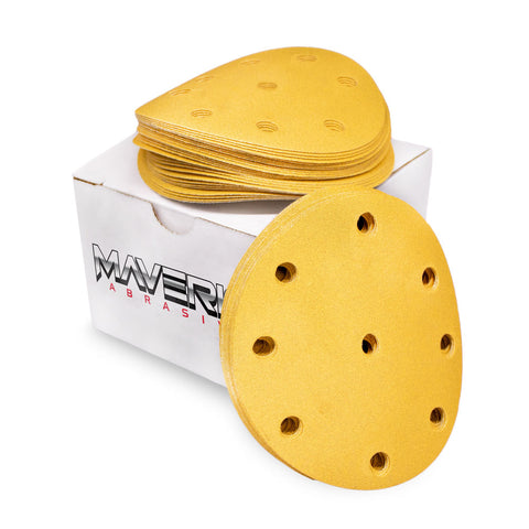 Alt text: Box of 50 Maverick Abrasives 6 Hook & Loop Sanding Discs, suitable for multiple orbital sanders.