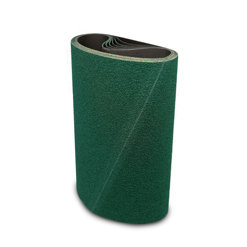 Pack of four 9x60 inch sanding belts in aluminum oxide and zirconia, suitable for various surfaces and heavy stock removal.