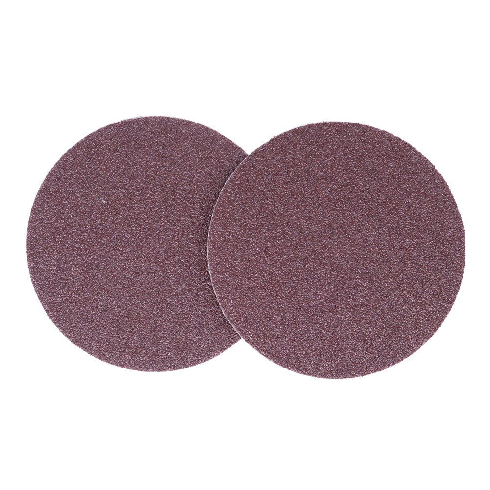 Alt text: Stack of 20 10-inch cloth PSA sanding discs with aluminum oxide abrasive for versatile sanding applications.