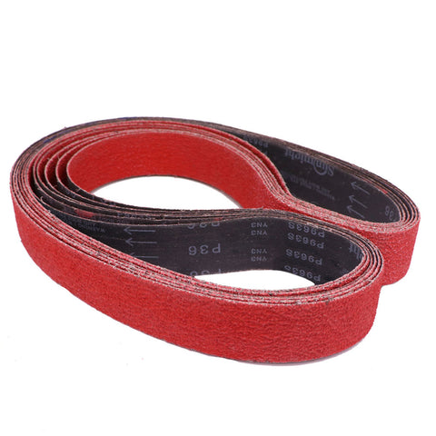 Alt text: Pack of six 2x132 inch sanding belts in aluminum oxide, silicon carbide, and zirconia for versatile surface sanding.