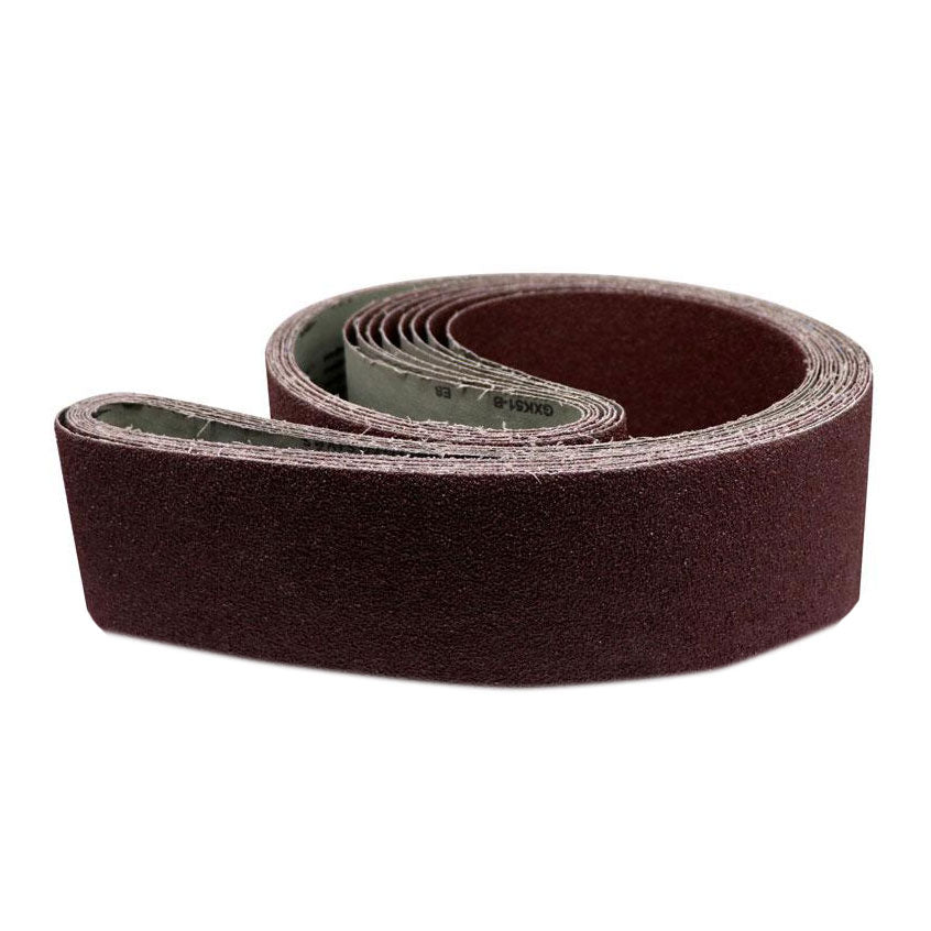 Pack of four 3x132 inch sanding belts in aluminum oxide, silicon carbide, and zirconia for various surfaces.