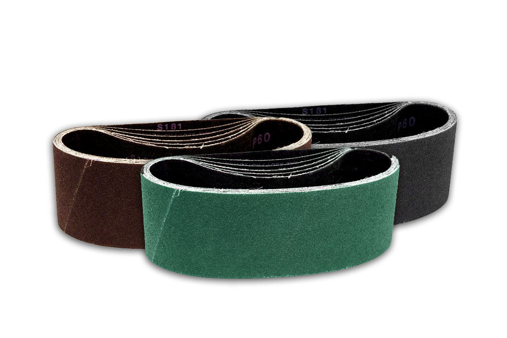 Pack of six 12-3/4 x 59 sanding belts in assorted materials for ski and snowboard maintenance.