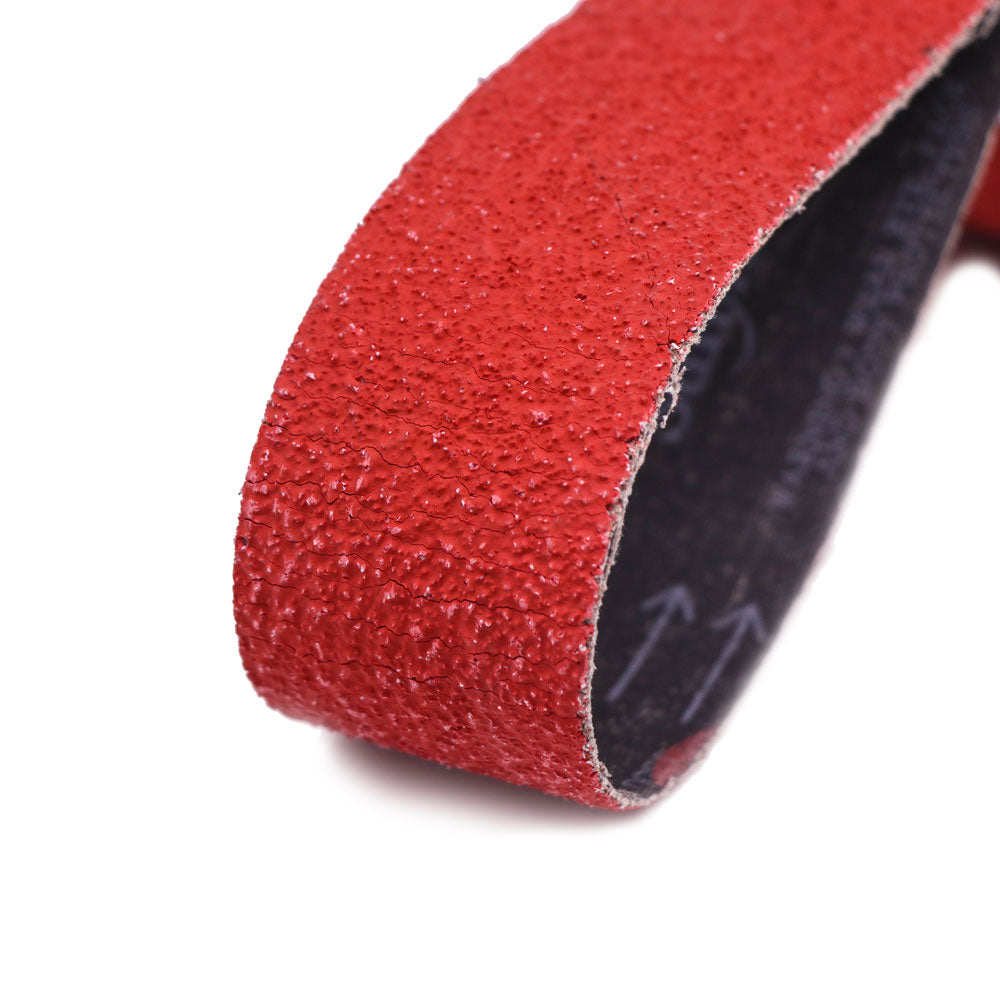 Pack of four 14 x 59 sanding belts in aluminum oxide, zirconia, and ceramic, suitable for wet or dry applications.