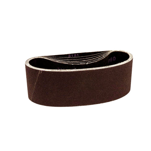 Pack of four 14 x 80 sanding belts in brown, green, and red, suitable for wet and dry applications.